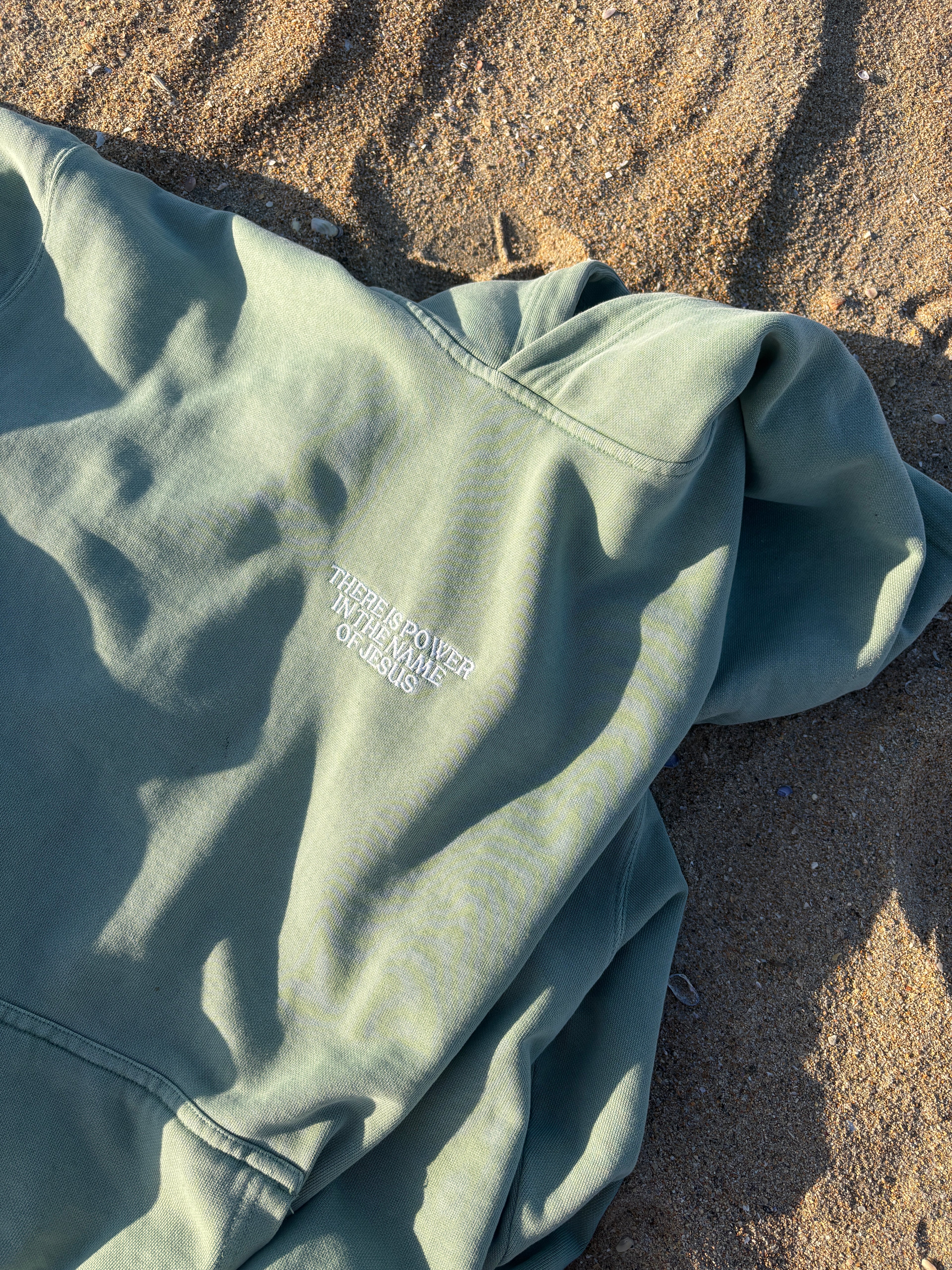 Power in the Name of Jesus Unisex Hoodie in Sage Green