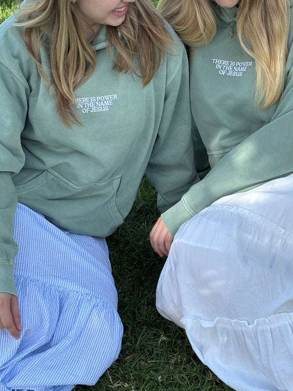 Power in the Name of Jesus Unisex Hoodie in Sage Green